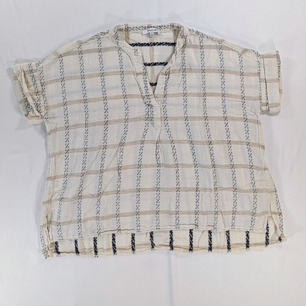 Madewell Lakeline Popover in Windowpane Jacquard Cream Short Sleeve Shirt Small